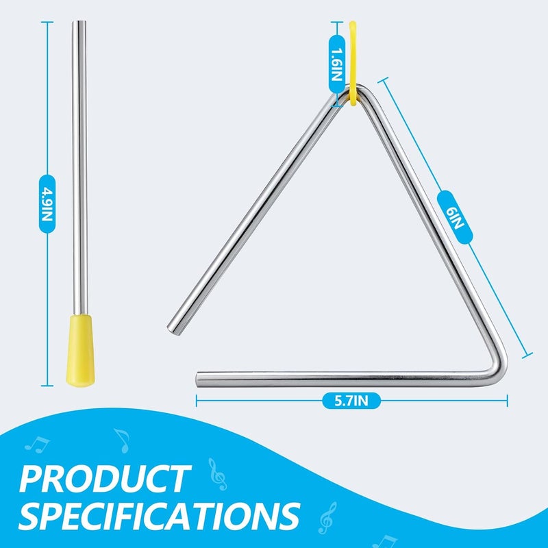 TIPTAP Hand Percussion Triangle, 6IN Musical Steel Triangle with Striker, Percussion Instrument with Exquisite Sound, Instrument for Orff Music Education - Image 2